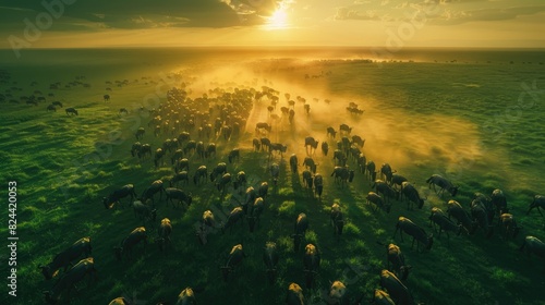 Aerial view of wildebeest herd migrating at sunrise in savannah photo