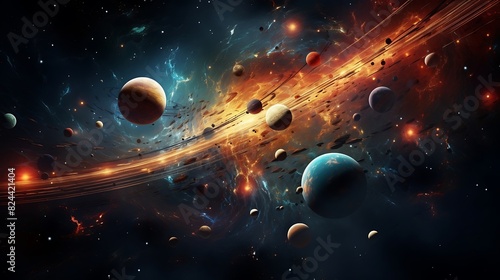 Planets flying into the space abstract universe