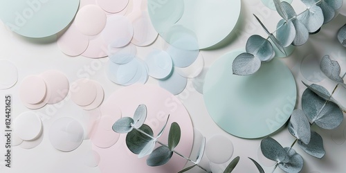 pastel colored paper circles, arranged in an elegant display with eucalyptus leaves, generative AI photo
