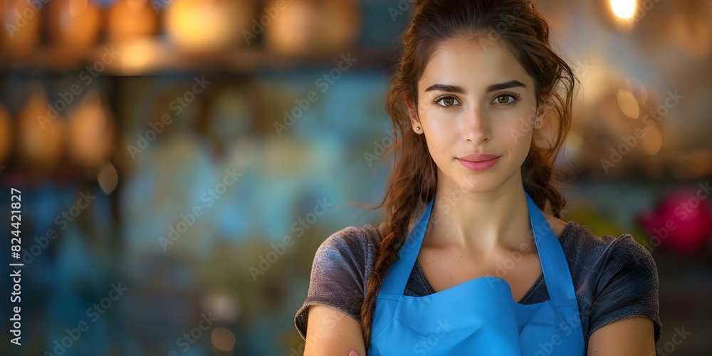 Portrait of a Woman Professional Cleaner in Blue Apron for Housekeeping Service. Concept Housekeeping Services, Professional Cleaner, Woman Portrait, Blue Apron, Cleaning Expert
