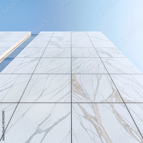 The sleek facade of a modern building, clad in large, seamless slabs of white marble, under the clear blue sky, showcasing the stone's natural elegance.