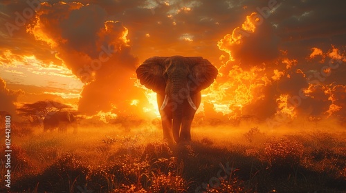 A majestic African elephant against a stunning sunset landscape