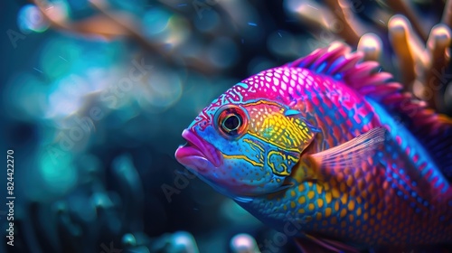 Neon-Colored Tropical Fish Close-Up Underwater Scene.