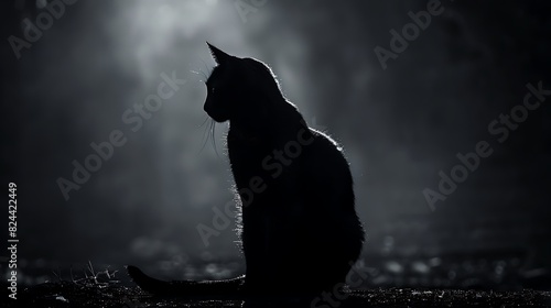 The sharp silhouette of a lone black cat cuts through the darkness, a symbol of mystery and superstition.