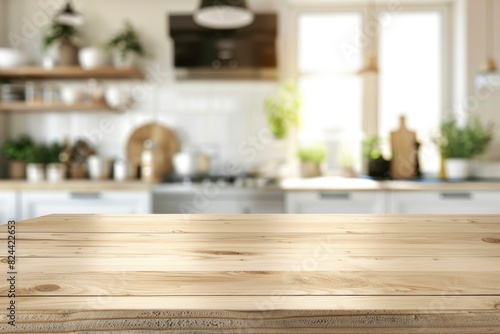 Empty beautiful wood table top counter and blur bokeh modern kitchen interior background in clean and bright Banner  Ready for product montage - generative ai