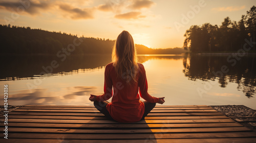 woman meditating on the lake at sunrise