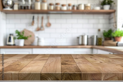 Empty beautiful wood table top counter and blur bokeh modern kitchen interior background in clean and bright Banner  Ready for product montage - generative ai