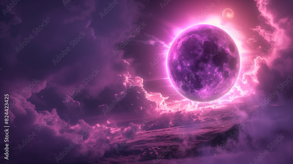 Witchy and cyberpunk style illustration of a solar eclipse moon with pastel pink and purple tones. dark and mysterious background. Witchy and cyberpunk style illustration of a solar eclipse moon with pastel pink and purple tones. dark and mysterious background.