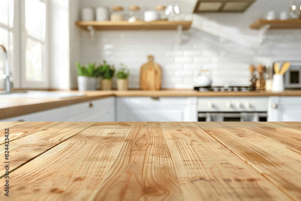 Empty beautiful wood table top counter and blur bokeh modern kitchen interior background in clean and bright,Banner, Ready for product montage - generative ai