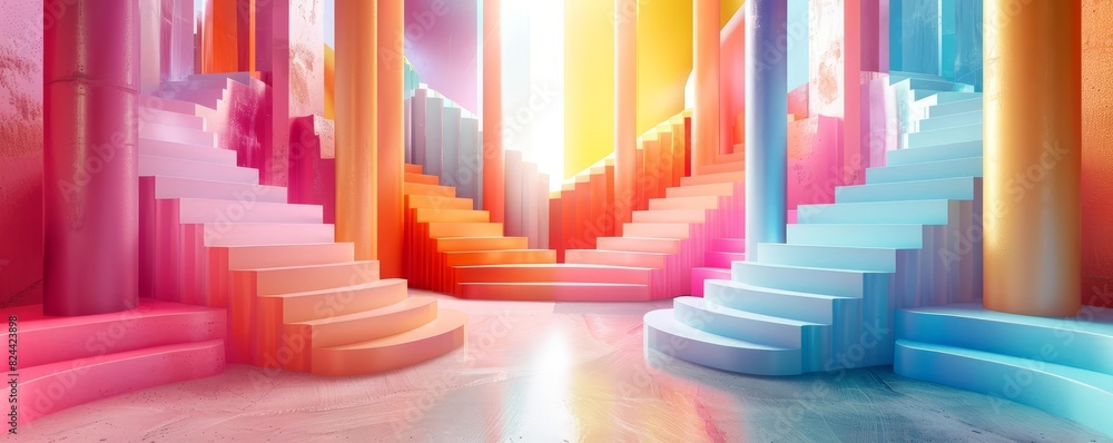 Fototapeta premium Abstract background with colorful geometric shapes and stairs