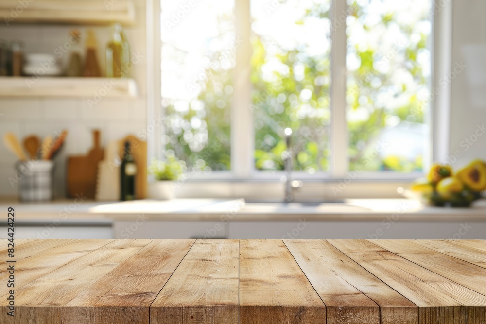 Empty beautiful wood table top counter and blur bokeh modern kitchen interior background in clean and bright,Banner, Ready for product montage - generative ai Empty beautiful wood table top counter and blur bokeh modern kitchen interior background in clean and bright,Banner, Ready for product montage - generative ai