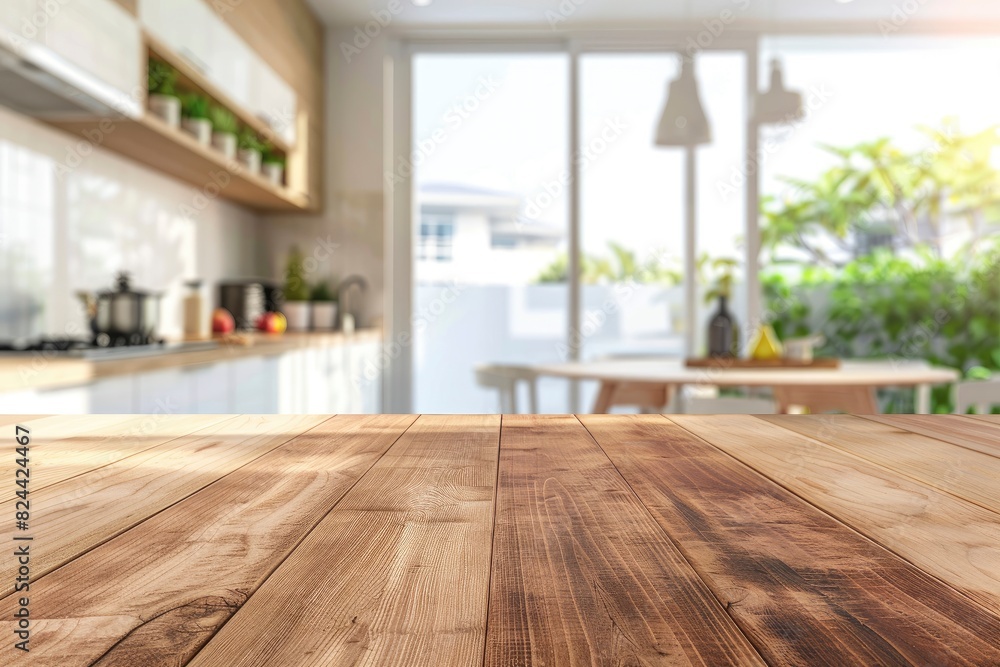 Empty beautiful wood table top counter and blur bokeh modern kitchen interior background in clean and bright,Banner, Ready for product montage - generative ai Empty beautiful wood table top counter and blur bokeh modern kitchen interior background in clean and bright,Banner, Ready for product montage - generative ai
