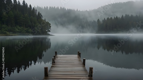 Quiet lake with a wooden pier disappearing into the mist.generative.ai  photo