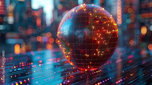 Virtual reality globe highlighting global tech hubs. stock photo