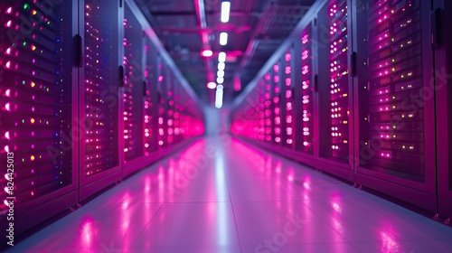 Data centers connected by high-speed fiber optics. stock photo
