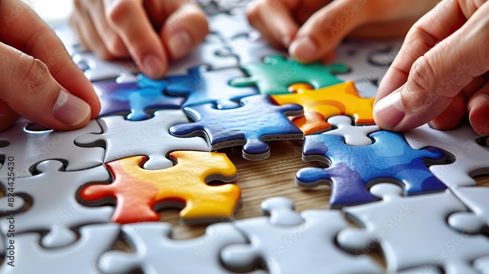 An image of a puzzle being completed by multiple hands, symbolizing collaborative problem-solving. stock image An image of a puzzle being completed by multiple hands, symbolizing collaborative problem-solving. stock image