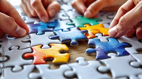 An image of a puzzle being completed by multiple hands, symbolizing collaborative problem-solving. stock image