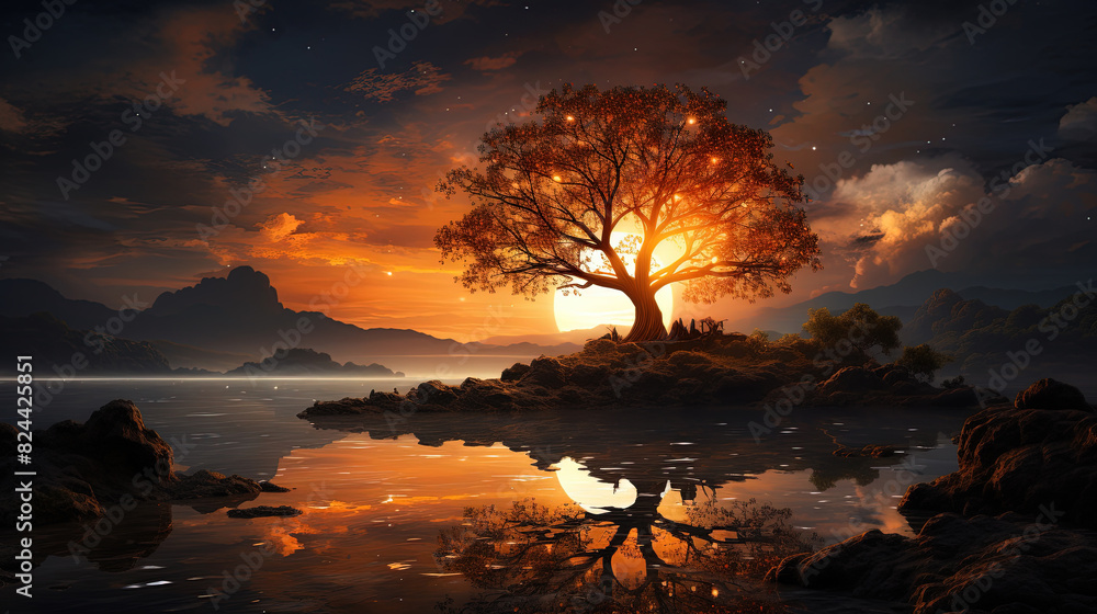 A Big Tree Stand With Ethereal Glow Beneath The Moon and Mountain Range During Night Time Landscape Background A Big Tree Stand With Ethereal Glow Beneath The Moon and Mountain Range During Night Time Landscape Background