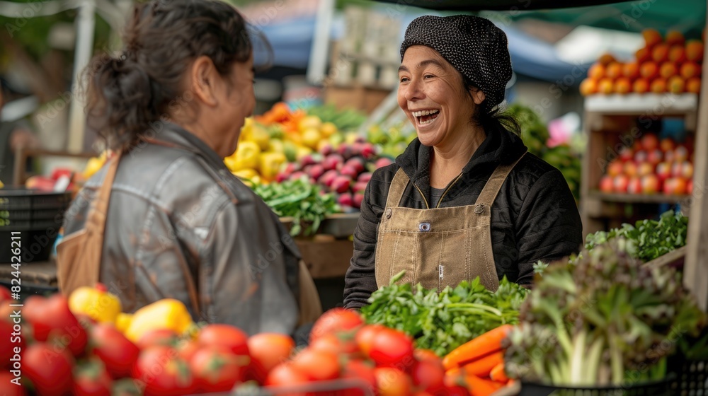 Two women happily converse at a vibrant farmers market, surrounded by fresh vegetables and colorful produce, showcasing community and local agriculture.

