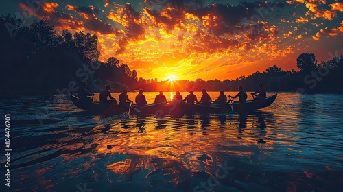 An image of people rowing a boat together, symbolizing synchronized effort for common goals. image photo