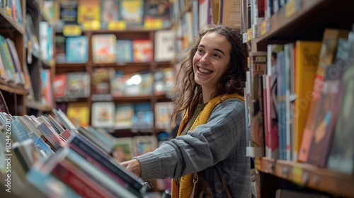 A smiling woman browses through bookshelves in a cozy library, enjoying the peaceful atmosphere and wide selection of books.