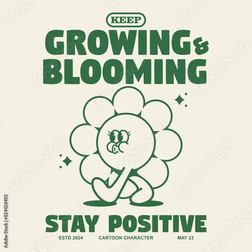 Funny cartoon character of flower. Can be used as Sticker, posters, prints. Retro cartoon style. Vector illustration