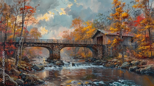 A painting of a bridge spanning a river, built by many hands, symbolizing overcoming obstacles through teamwork. stock image
