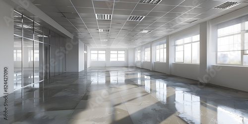 An empty office space with large windows and a shiny floor.