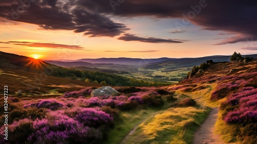 Scenic view of blooming heather on the Long Mynd, Shropshire, England in the evening photo