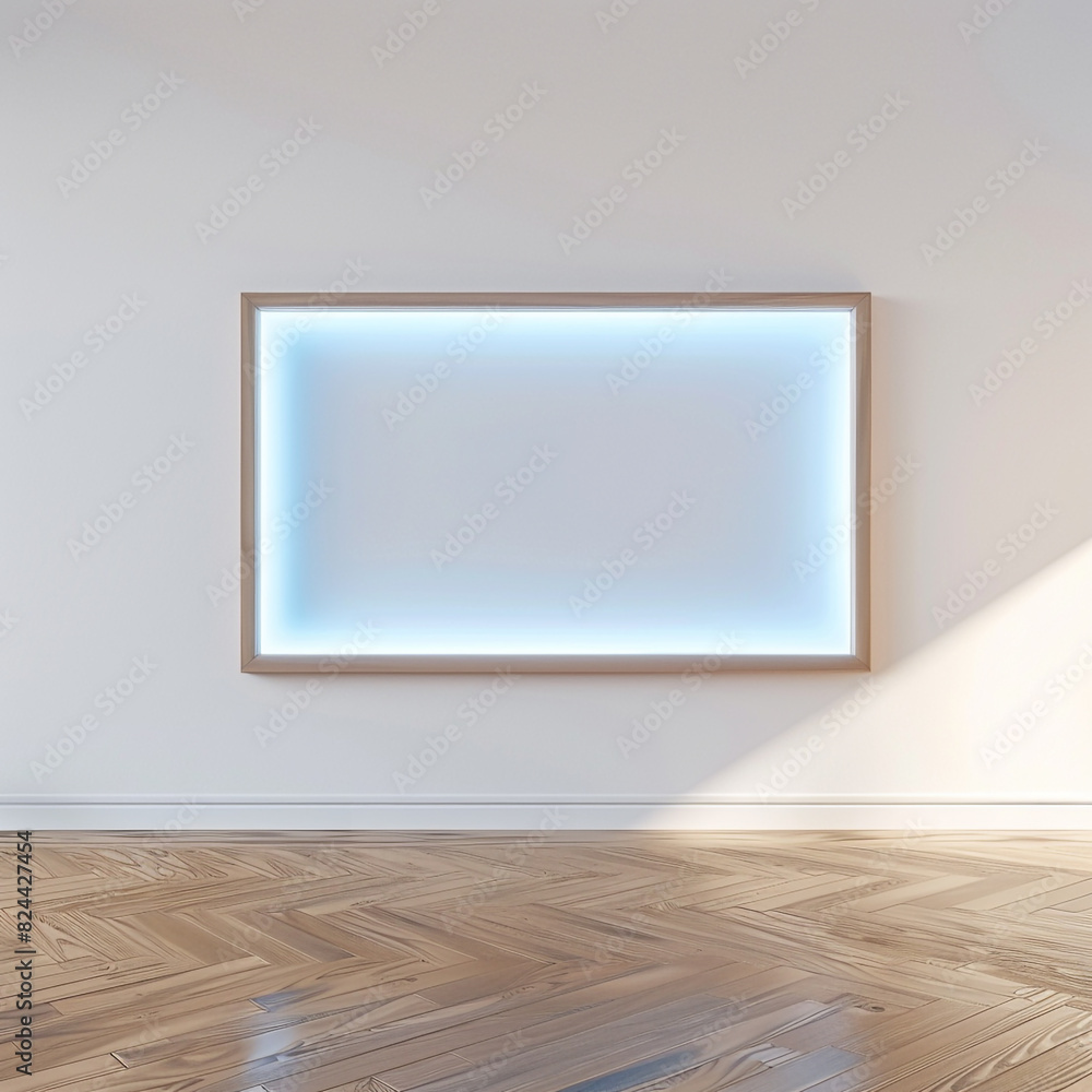 Stylish wooden frame with a sea blue light border in a clean, empty room with wooden flooring. Stylish wooden frame with a sea blue light border in a clean, empty room with wooden flooring.