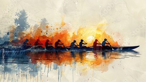An illustration of a team of rowers in perfect sync, symbolizing harmony in cooperation. image photo