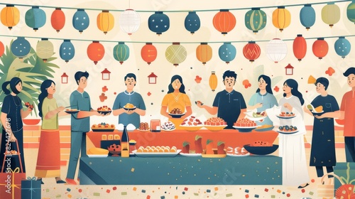 Colorful vector illustration of an Eid al Adha celebration in a community center, with people sharing food, gifts, and well wishes Generative AI