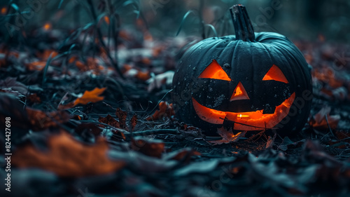 A simple art style featuring a Halloween pumpkin with a light inside  set against a black background.