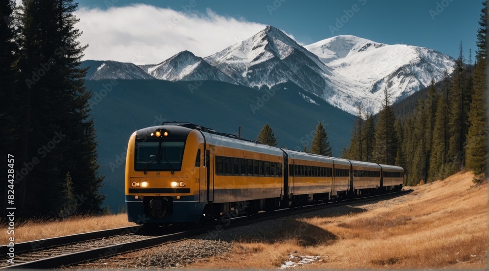 A train passing through mountains with snow-capped peaks and pine forests.