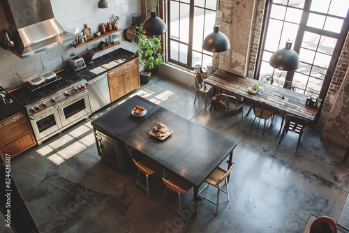 Large windows and an island kitchen with stainless steel appliances designate the kitchen.