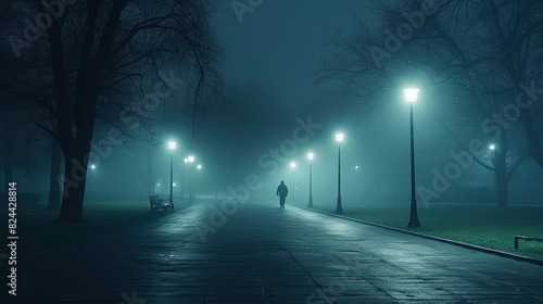 Bleak Very Foggy Winter Morning In An Empty City Park There Is One Street Lamp Lighting A Section Of Path Through Park During Early Morning Time Landscape Background