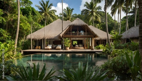 Peaceful thatched house surrounded by greenery and wildlife on tropical island