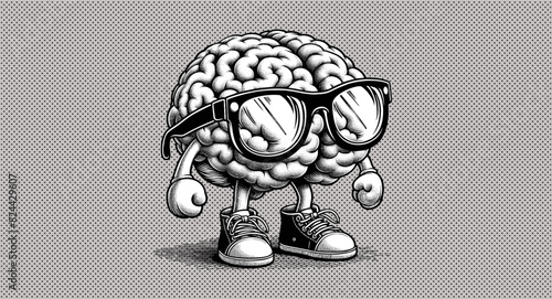 Monochrome engraved retro drawing of brain cartoon character with glasses glove and canvas shoes vector illustration isolated on gray halftone dot background