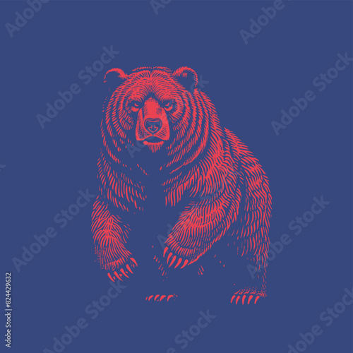 Monochrome red woodcut stencil drawing of an angry Bear standing with two legs vector illustration isolated on deep blue background
