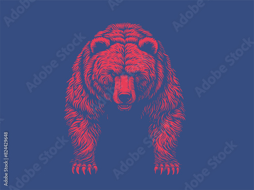Red light color stencil engraved vintage woodcut drawing of bear threatens front view vector illustration isolated on deep blue shadow color background