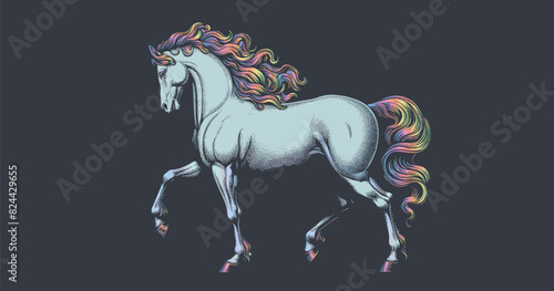 Stencil engraved vintage drawing of colorful rainbow horse trotting or walking action side view isolated on black background