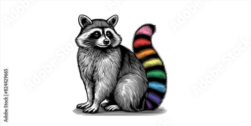 vintage black and white engraved drawing of raccoon sitting with colorful rainbow tail vector illustration isolated on white background
