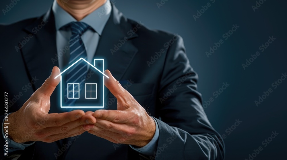 Businessman Presenting Digital Hologram of House in Hands Businessman Presenting Digital Hologram of House in Hands