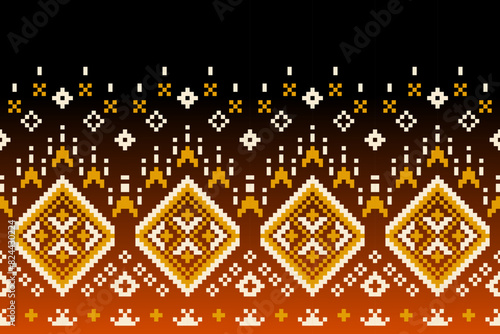 Pixel ethnic pattern, Vector embroidery pattern background, Geometric traditional triangle style, Blue and orange pattern knitting vintage, Design for textile, fabric, batik, kaftan, fibres photo
