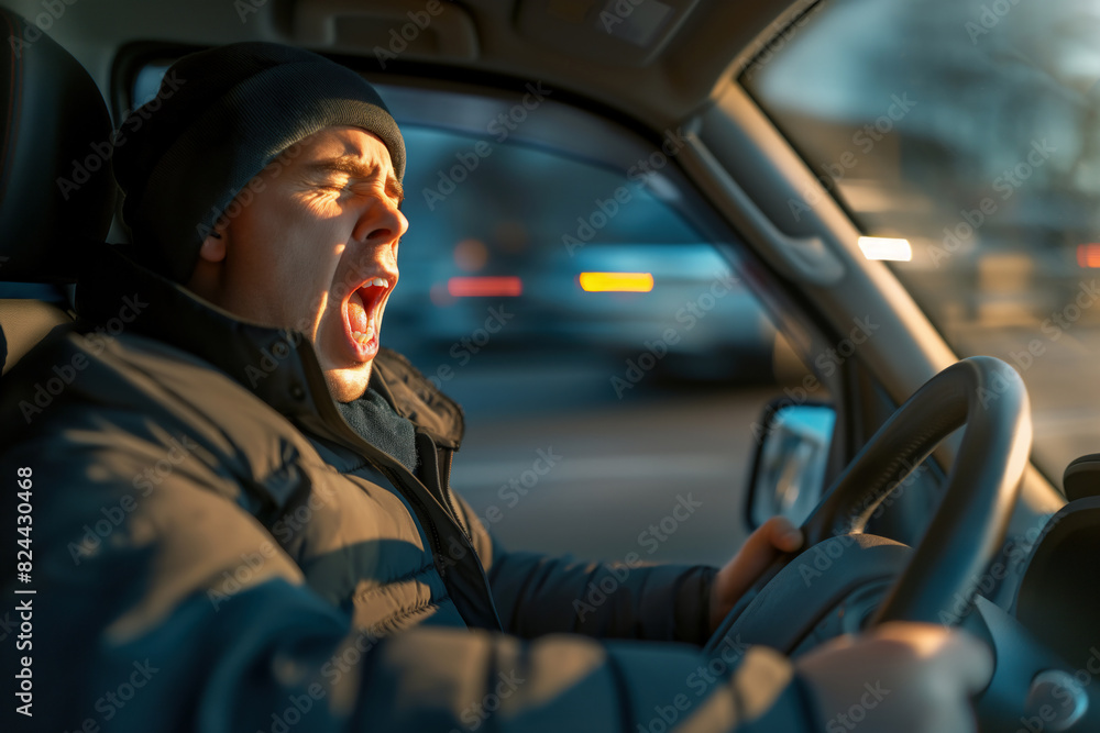 a male driver was very sleepy while yawning a male driver was very sleepy while yawning