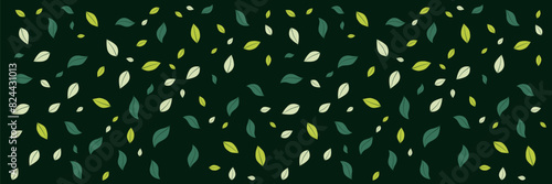 Dark green background with a pattern of light green leaves and old leaves, suitable for nature themed designs, renewable energy banners, or environmentally friendly marketing materials