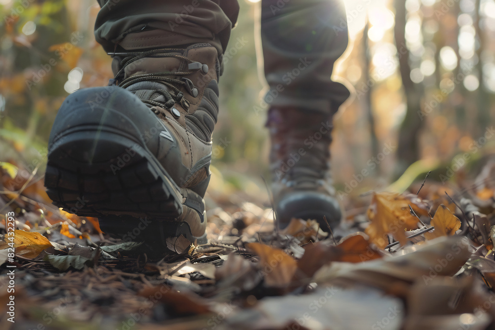 Close Up of Hiker Boots Walking Along Autumn Forest Path Carpeted With Fallen Leaves Close Up of Hiker Boots Walking Along Autumn Forest Path Carpeted With Fallen Leaves