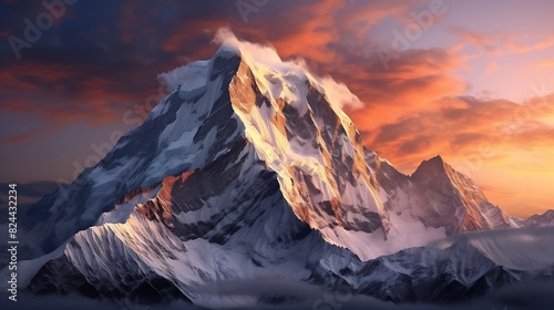 Snowy mountain peak illuminated at sunset wilderness panorama Himalayas Nepa