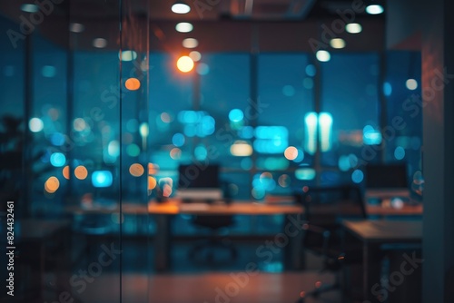 At night beautiful Abstract blurred office interior room. blurry working space with defocused effect - generative ai