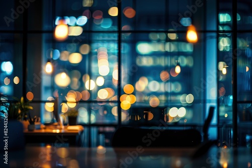 At night beautiful Abstract blurred office interior room. blurry working space with defocused effect - generative ai © Nia™
